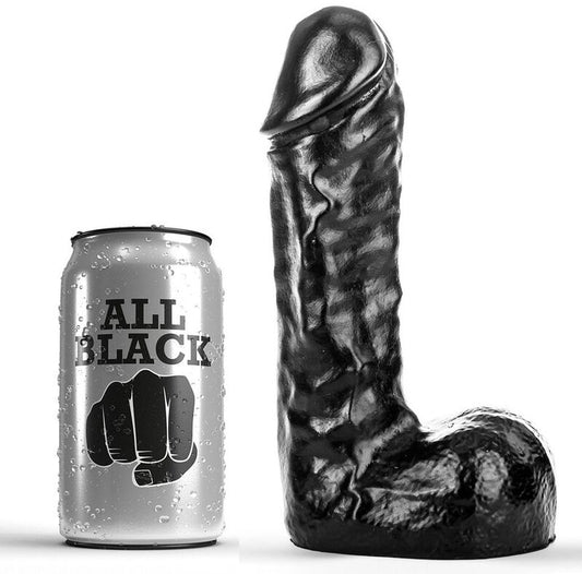 DONG nero da 19 cm del marchio ALL BLACK, dettagli realistici e superficie liscia, visibile in primo piano nell'immagine.