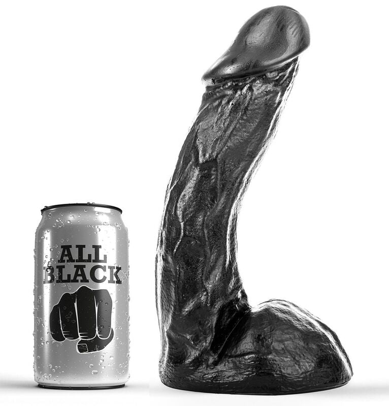 Dildo nero all-black da 23 cm, in silicone, con superficie liscia e design realistico, per uso sessuale.