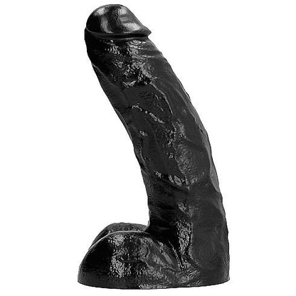 DONG nero da 25,5 cm di ALL BLACK, silicone realistico con dettagli anatomici, in posizione su sfondo neutro.