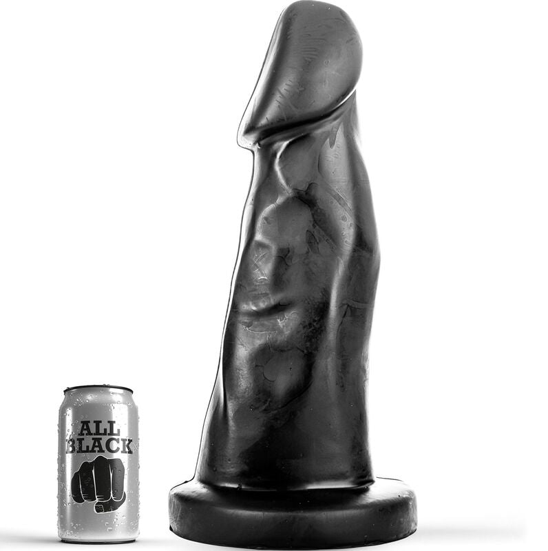 Dong nero da 27 cm della marca ALL BLACK, dettagli realistici e superficie liscia, visibile in questa immagine.