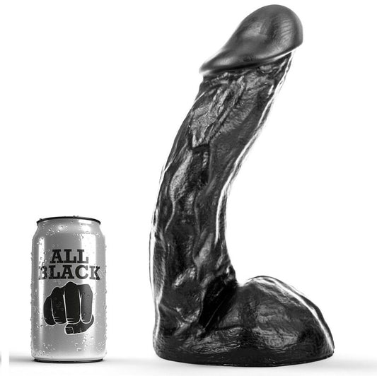 Dildo nero lungo 28 cm della marca ALL BLACK, dettagli realistici e superficie liscia, visibile in primo piano nell'immagine.
