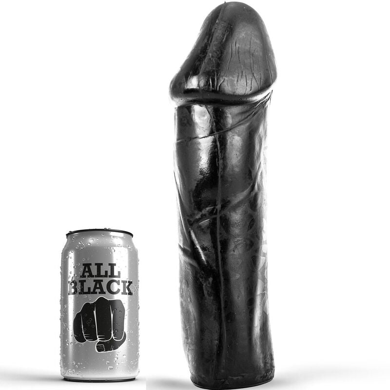 DONG nero da 28 cm senza testicoli del marchio ALL BLACK, dettagli realistici e superficie liscia, visibile in primo piano