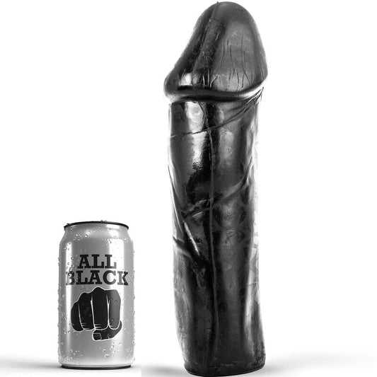 DONG nero da 28 cm senza testicoli del marchio ALL BLACK, dettagli realistici e superficie liscia, visibile in primo piano