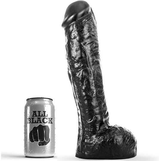 DONG nero da 29 cm della marca ALL BLACK, dettaglio di un giocattolo sessuale in silicone con superficie liscia e realistica.