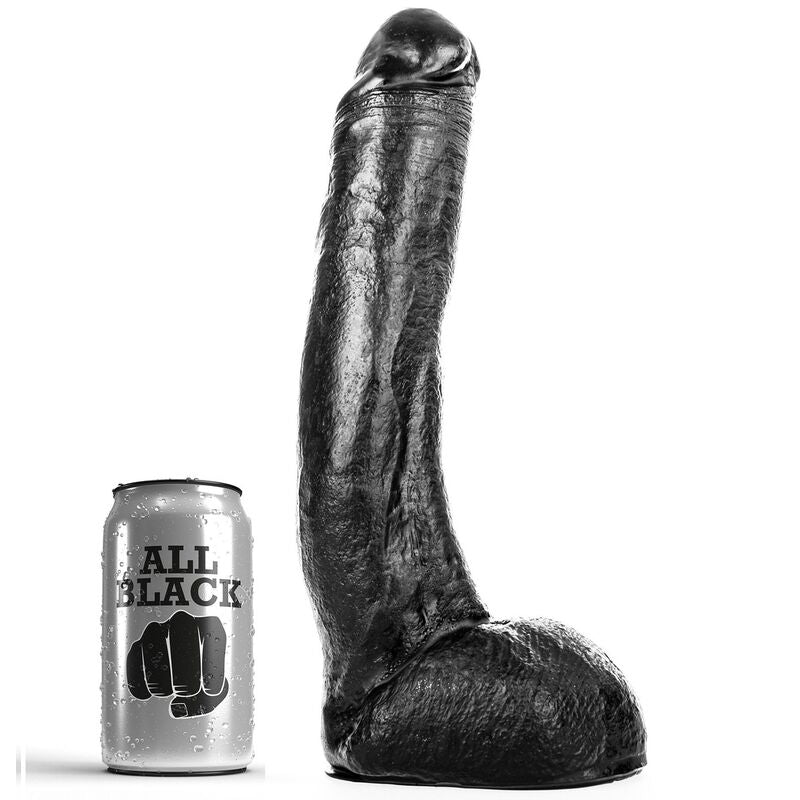 Dildo curvato nero di 29 cm della marca ALL BLACK, superficie liscia e dettagli realistici, visibile in primo piano nell'immagine.