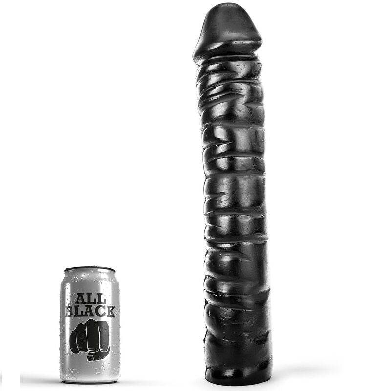 Dildo nero lungo 38 cm della marca ALL BLACK, immagine che mostra la superficie liscia e dettagli realistici.