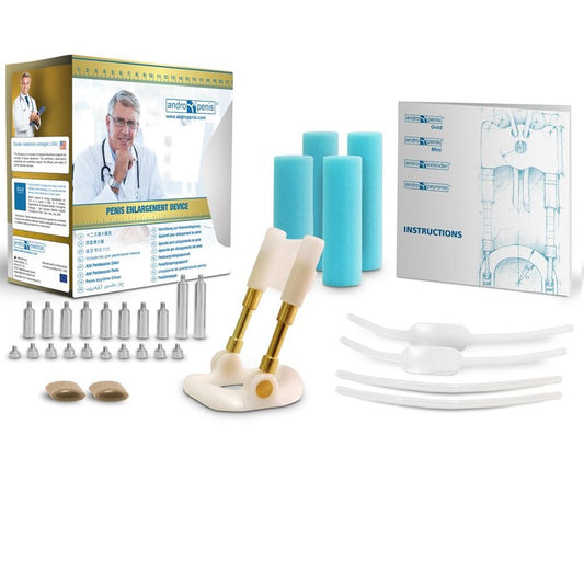Estensore del pene in oro di ANDRO MEDICAL, dispositivo per migliorare le dimensioni del pene, con design elegante e resistente.