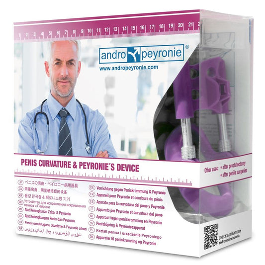 Dispositivo AndroMedical AndroPeyronie per correzione della curvatura del pene, con design e dettagli visibili.