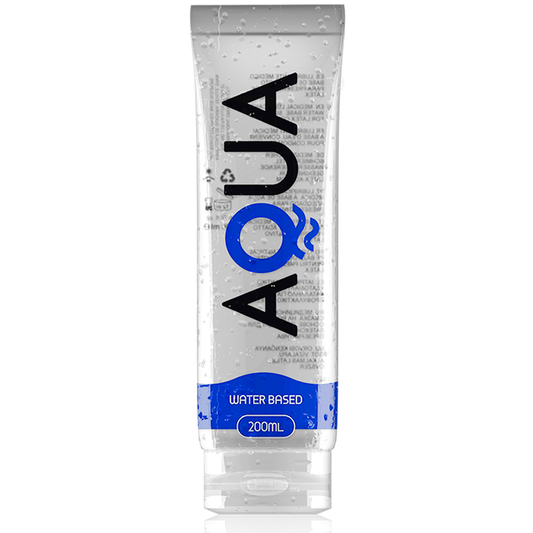Lubrificante a base d'acqua AQUA QUALITY da 200 ml, bottiglia con etichetta bianca e blu, ideale per uso personale.