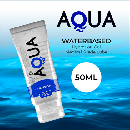 Lubrificante a base acqua AQUA QUALITY da 50 ml, con bottiglia trasparente e etichetta blu, ideale per uso personale.