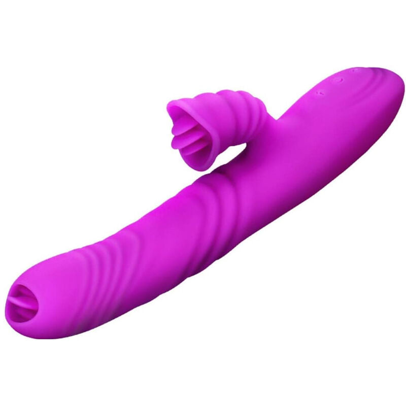 Vibratore multifunzione ARMONY Angelia con doppia lingua viola e effetto caldo, progettato per massaggi e stimolazione.