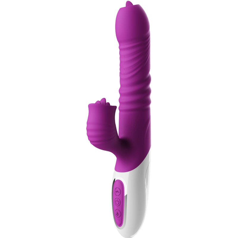 Vibratore ARMONY con doppia lingua, effetto calore, colore viola, design spinto, per stimolazione intensa e piacevole.