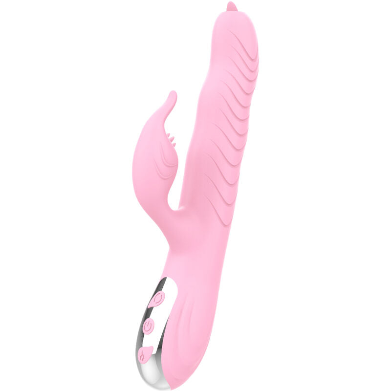 Vibratore ARMONY con doppia lingua e effetto calore rosa, design elegante e funzionale per stimolazione intensa.
