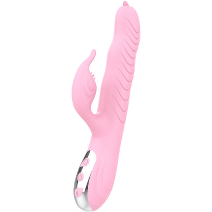 Vibratore ARMONY con doppia lingua e effetto calore rosa, design elegante e funzionale per stimolazione intensa.
