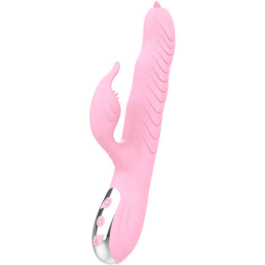 Vibratore ARMONY con doppia lingua e effetto calore rosa, design elegante e funzionale per stimolazione intensa.