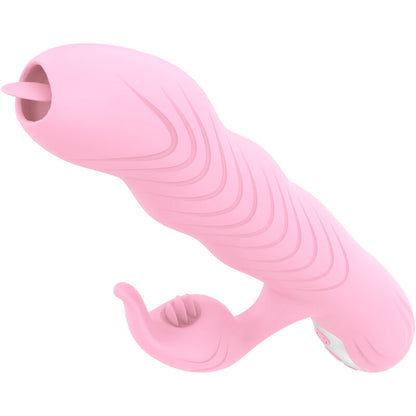 Vibratore ARMONY con movimento marcia e spinta doppia, effetto calore e design rosa, per un piacere intenso e versatile.