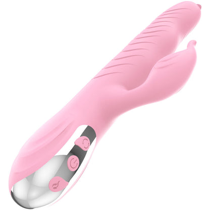 Vibratore ARMONY con doppia lingua, effetto calore e design rosa, ideale per stimolazione marcia e spinta.