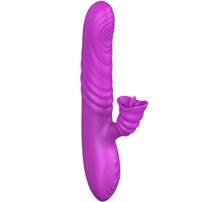 Vibratore multifunzione ARMONY Angelia con effetto calore e lingua viola, stimolazione sensuale e design elegante.