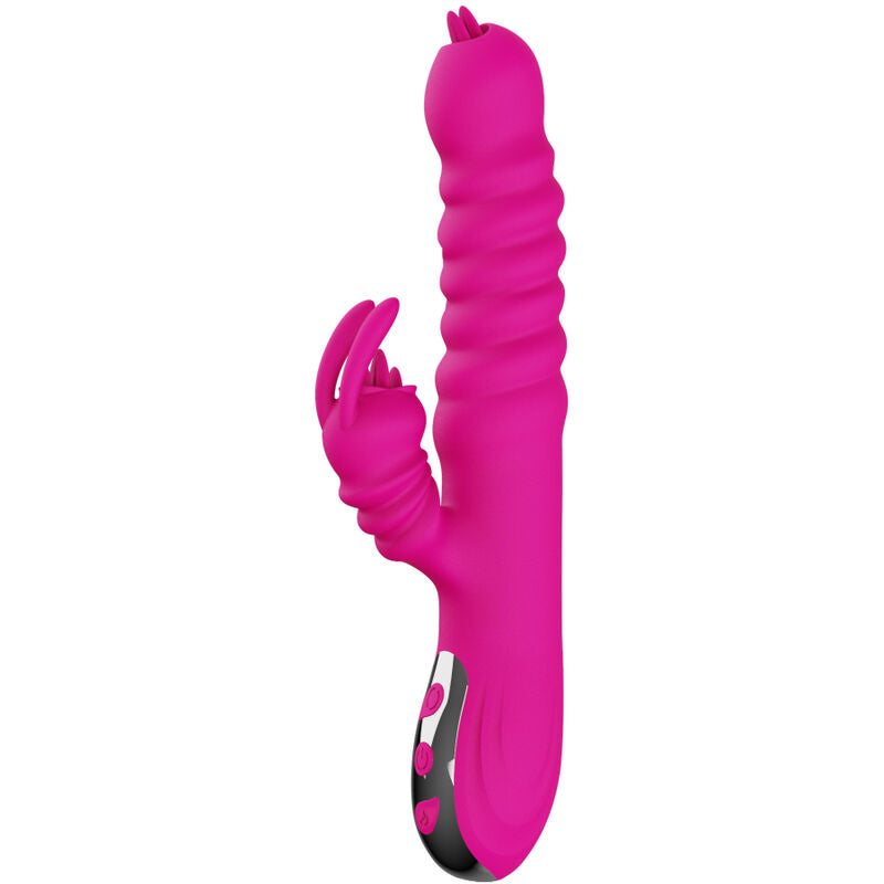 Vibratore multifunzione ARMONY Rabbit con doppia lingua, effetto calore, colore fucsia, design ergonomico.