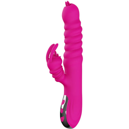 Vibratore multifunzione ARMONY Rabbit con doppia lingua, effetto calore, colore fucsia, design ergonomico.