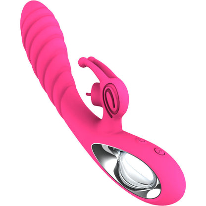 Vibratore Vicky Rabbit di ARMONY VIBRATORS con linguetta e tirante fucsia, design ergonomico e stimolante.