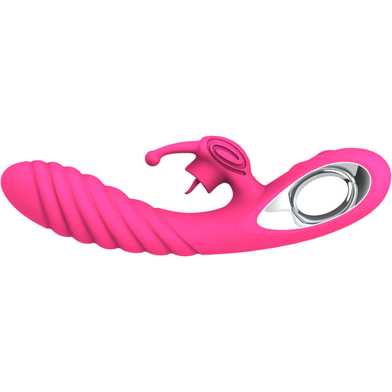 Vibratore Vicky Rabbit di ARMONY VIBRATORS con linguetta e tirante fucsia, design elegante e stimolante.