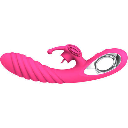 Vibratore Vicky Rabbit di ARMONY VIBRATORS con linguetta e tirante fucsia, design elegante e stimolante.