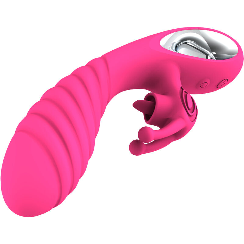 Vibratore Vicky Rabbit di ARMONY VIBRATORS con linguetta e tirante fucsia, design ergonomico e stimolante.