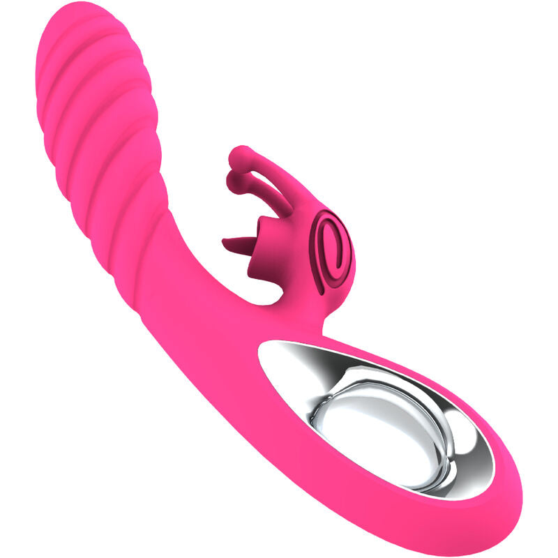Vibratore Vicky Rabbit ARMONY VIBRATORS con linguetta e tirante fucsia, design elegante e dettagli realistici.