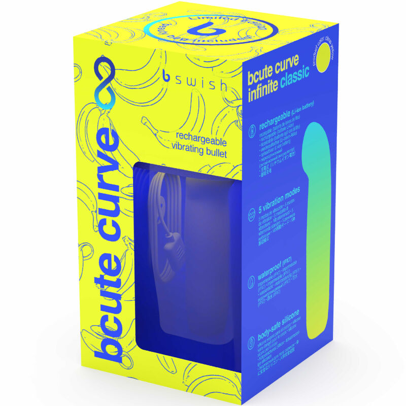 Vibratore B SWISH BCUTE CURVE INFINITE CLASSIC in silicone giallo, ricaricabile, edizione limitata, forma curva elegante.