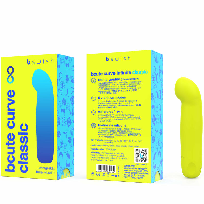 Vibratore in silicone B SWISH BCUTE CURVE INFINITE CLASSIC giallo, ricaricabile, con design curvo e ergonomico.