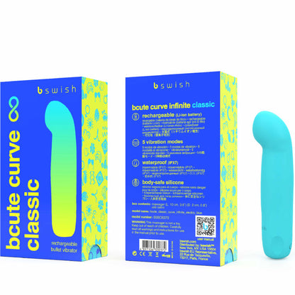 Vibratore ricaricabile B SWISH BCUTE CURVE INFINITE CLASSIC in silicone blu, con design ergonomico e superficie liscia