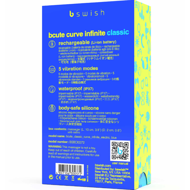 Vibratore B SWISH BCUTE CURVE INFINITE CLASSIC in silicone blu, ricaricabile, con design curvo e ergonomico.