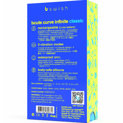 Vibratore B SWISH BCUTE CURVE INFINITE CLASSIC in silicone blu, ricaricabile, con design curvo e ergonomico.