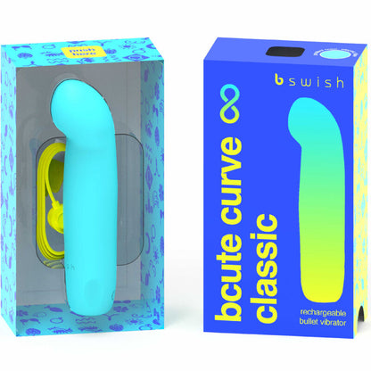 Vibratore ricaricabile B SWISH BCUTE CURVE INFINITE CLASSIC in silicone blu, design curvo e ergonomico per il piacere.