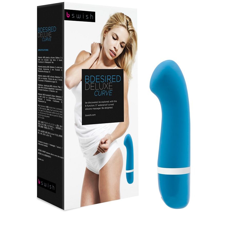 Vibratore B SWISH BDESIRED DELUXE CURVA BLU LAGUNA con forma curva e finitura blu, ideale per stimolazione e piacere.