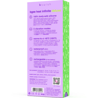 Vibratore ricaricabile B SWISH BGEE HEAT INFINITE DELUXE in silicone lavanda, design elegante e funzionalità avanzate