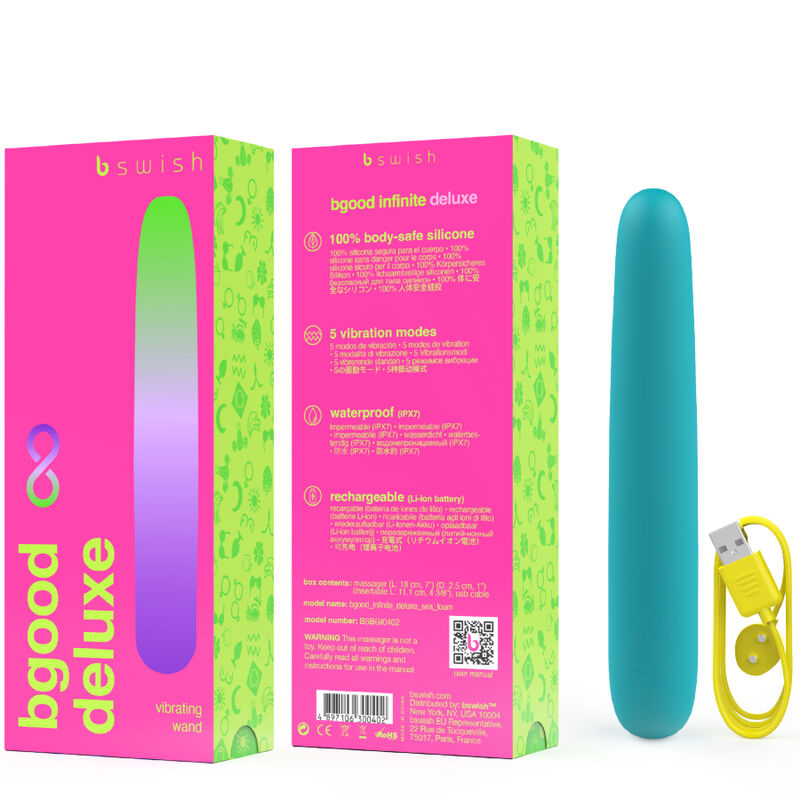 Vibratore ricaricabile B SWISH BGOOD Infinite Deluxe in silicone blu, con design ergonomico e superficie liscia.