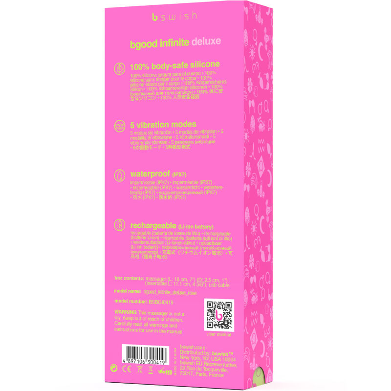 Vibratore ricaricabile B SWISH BGOOD Infinite Deluxe in silicone rosa, design elegante e superficie liscia per piacere intenso.