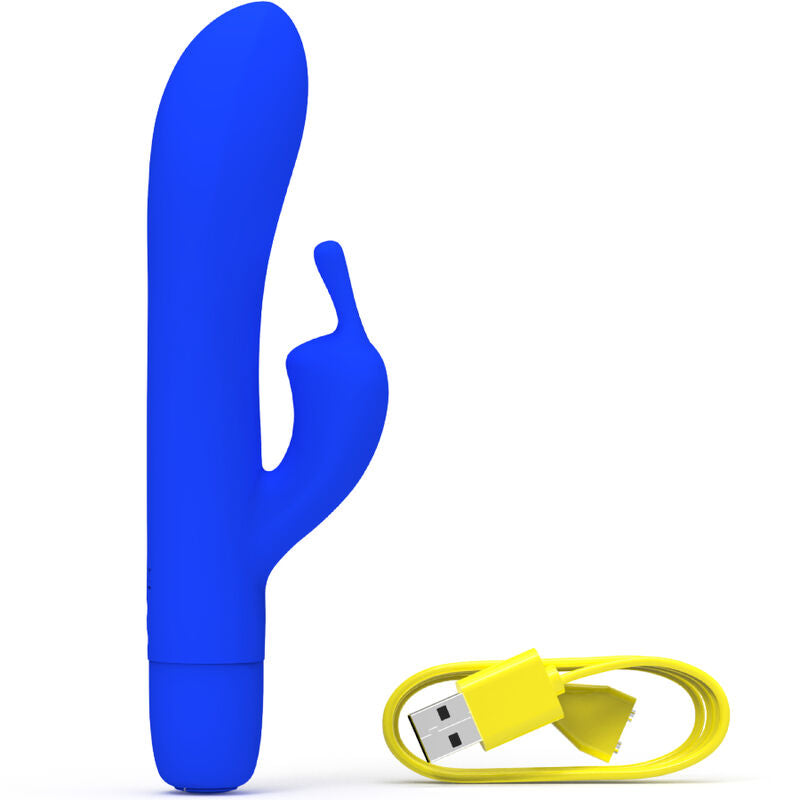 Vibratore ricaricabile B SWISH BWILD Bunny Infinite in silicone blu, design classico e stimolante, immagine del prodotto in primo piano.