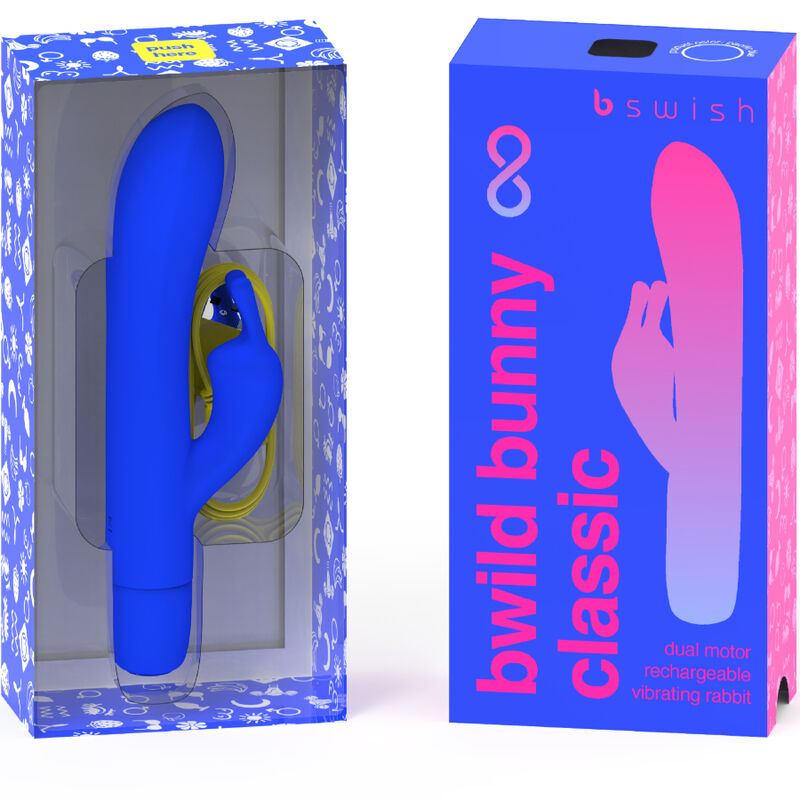 Vibratore ricaricabile B SWISH B Wild Bunny Infinite in silicone blu, design classico e ergonomico, visibile nell'immagine.