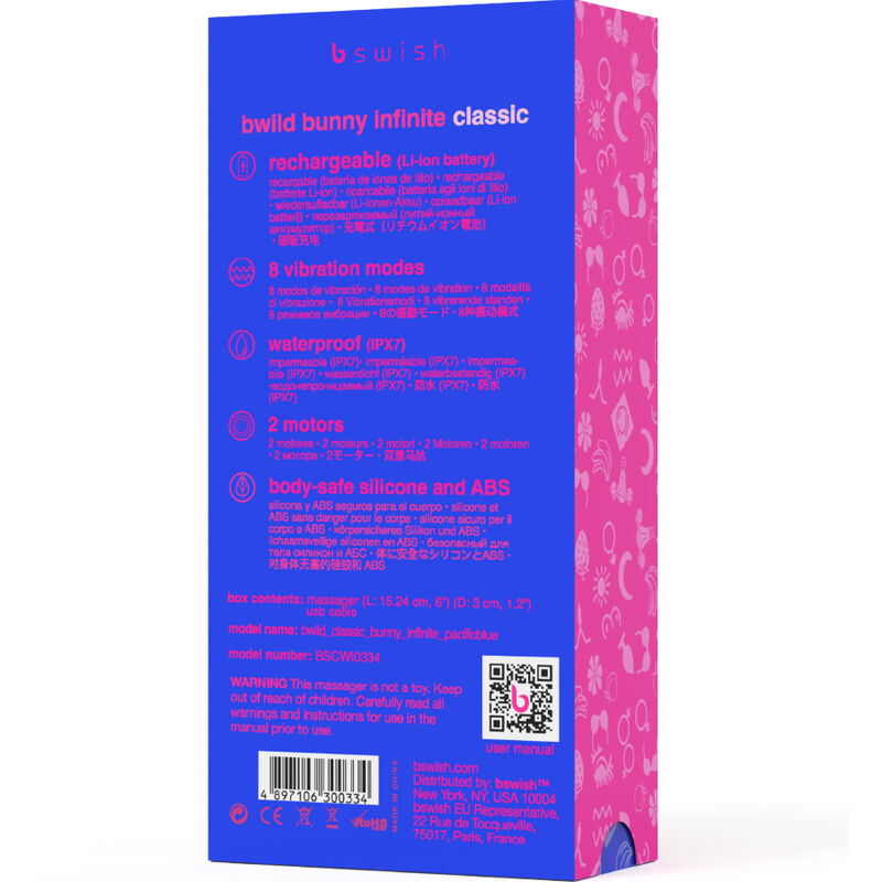 Vibratore ricaricabile B SWISH B Wild Bunny Infinite Classic in silicone blu, design ergonomico e dettagli realistici.