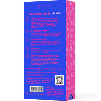 Vibratore ricaricabile B SWISH B Wild Bunny Infinite Classic in silicone blu, design ergonomico e dettagli realistici.