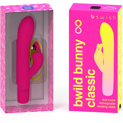 Vibratore ricaricabile in silicone rosa B SWISH B Wild Bunny Infinite Classic, con design ergonomico e superficie liscia.