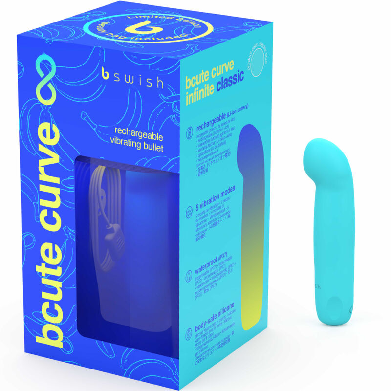 Vibratore ricaricabile B SWISH in silicone blu, modello BCUTE Curve Infinite Classic, edizione limitata, con design ergonomico.