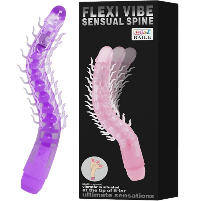 Dildo vibrante flessibile BAILE Spine Flexi Vibe lilla, 23.5 cm, con superficie liscia e design ergonomico.