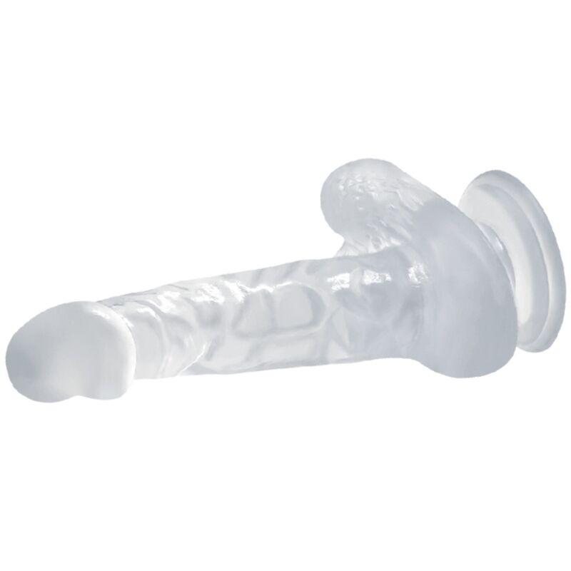 Dildo realistico trasparente con ventosa e testicoli, 16.7 cm, marca BAILE DILDOS, visibile in dettaglio.