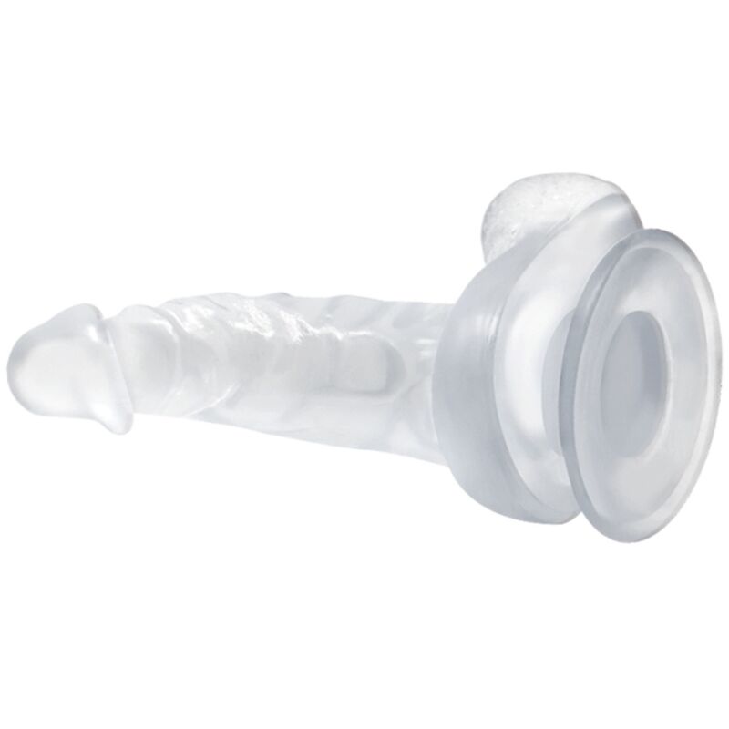 Dildo realistico trasparente BAILE con ventosa, testicoli e lunghezza di 16,7 cm, dettagli realistici e morbidi.