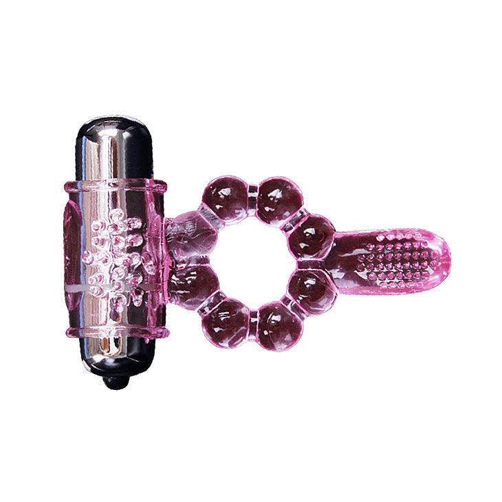 Anello in silicone rosa con vibrazione e 10 ritmi di lingua, prodotto da BAILE FOR HIM, visibile nell'immagine.