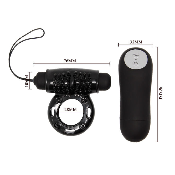 Telecomando ring nero BAILE FOR HIM, compatibile con dispositivi a 20V, design elegante e funzionale.